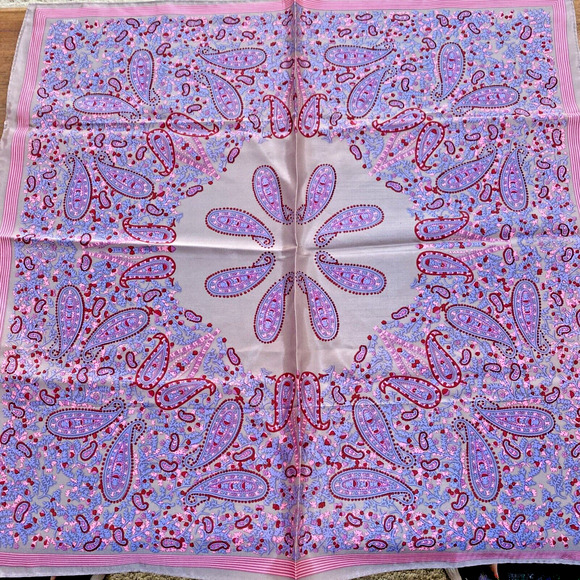 Vintage Scarf Silky Gray Pink Blue Bandana Square Acetate Paisley Print Neck Tie - Picture 2 of 7
